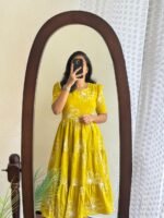 Women’s Floral Printed Rayon Frock Style Kurti – Mustard Yellow - Image 3