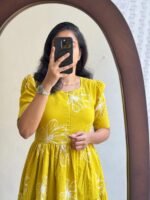 Women’s Floral Printed Rayon Frock Style Kurti – Mustard Yellow - Image 4
