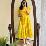 Women’s Floral Printed Rayon Frock Style Kurti – Mustard Yellow