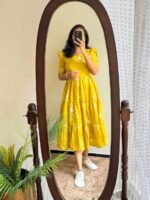 Women’s Floral Printed Rayon Frock Style Kurti – Mustard Yellow