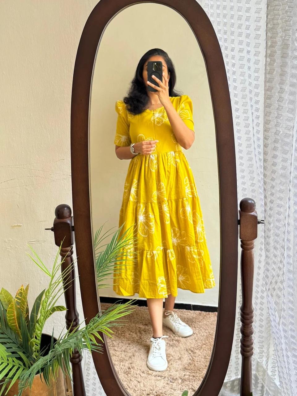 yelow-g5(f) Women’s Floral Printed Rayon Frock Style Kurti – Mustard Yellow - Image 1