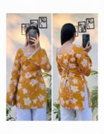 Mustard Yellow Rayon Floral Printed Kurti with Back Tie-Up | Full Sleeve - Image 2