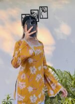 Mustard Yellow Rayon Floral Printed Kurti with Back Tie-Up | Full Sleeve