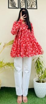 Product Name: Women’s Red Floral Printed Rayon Kurta - Image 2