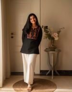 ShopVa Black Embroidered Women's Straight Kurti with Pink & Orange Ethnic Pattern | Elegant Casual & Festive Wear