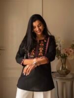 ShopVa Black Embroidered Women's Straight Kurti with Pink & Orange Ethnic Pattern | Elegant Casual & Festive Wear - Image 2