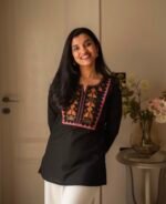 ShopVa Black Embroidered Women's Straight Kurti with Pink & Orange Ethnic Pattern | Elegant Casual & Festive Wear - Image 4