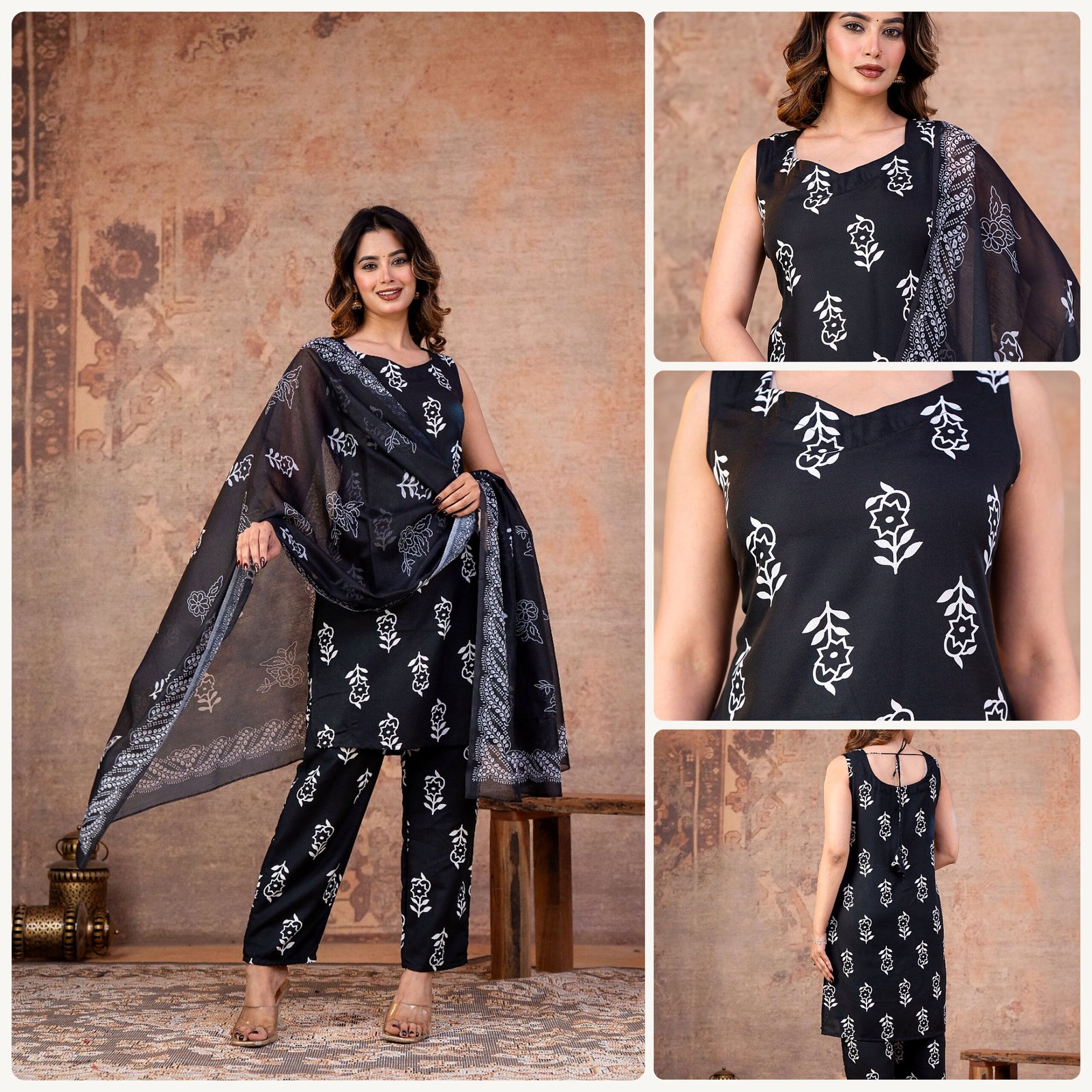 shopva_black_white_floral_3piece_suit_hd black and white 3 piece suit set for women - Image 1